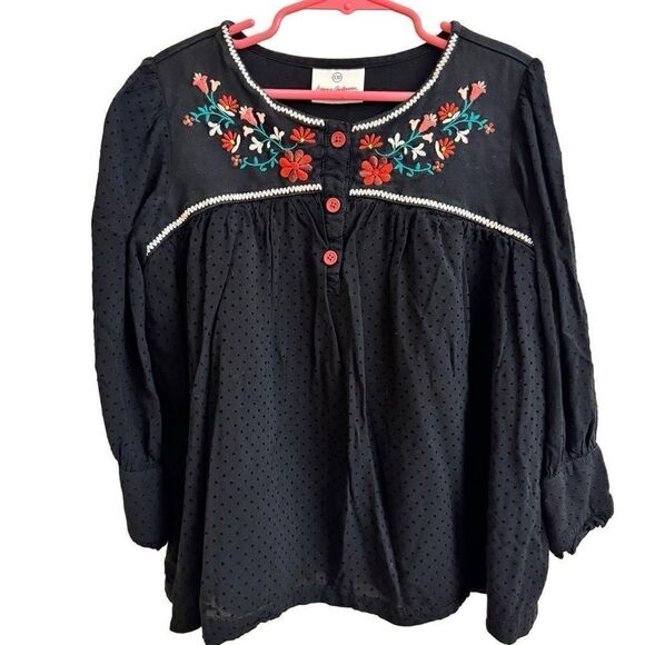 Hanna Andersson Black Swiss Dot Swing Top Red Pink Floral Embroidery Boho Size 8 - Picture 1 of 5